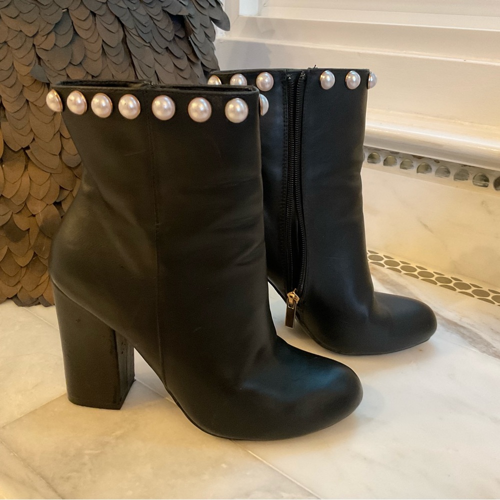 Elegant Black Pearl-Embellished Black Ankle Boots